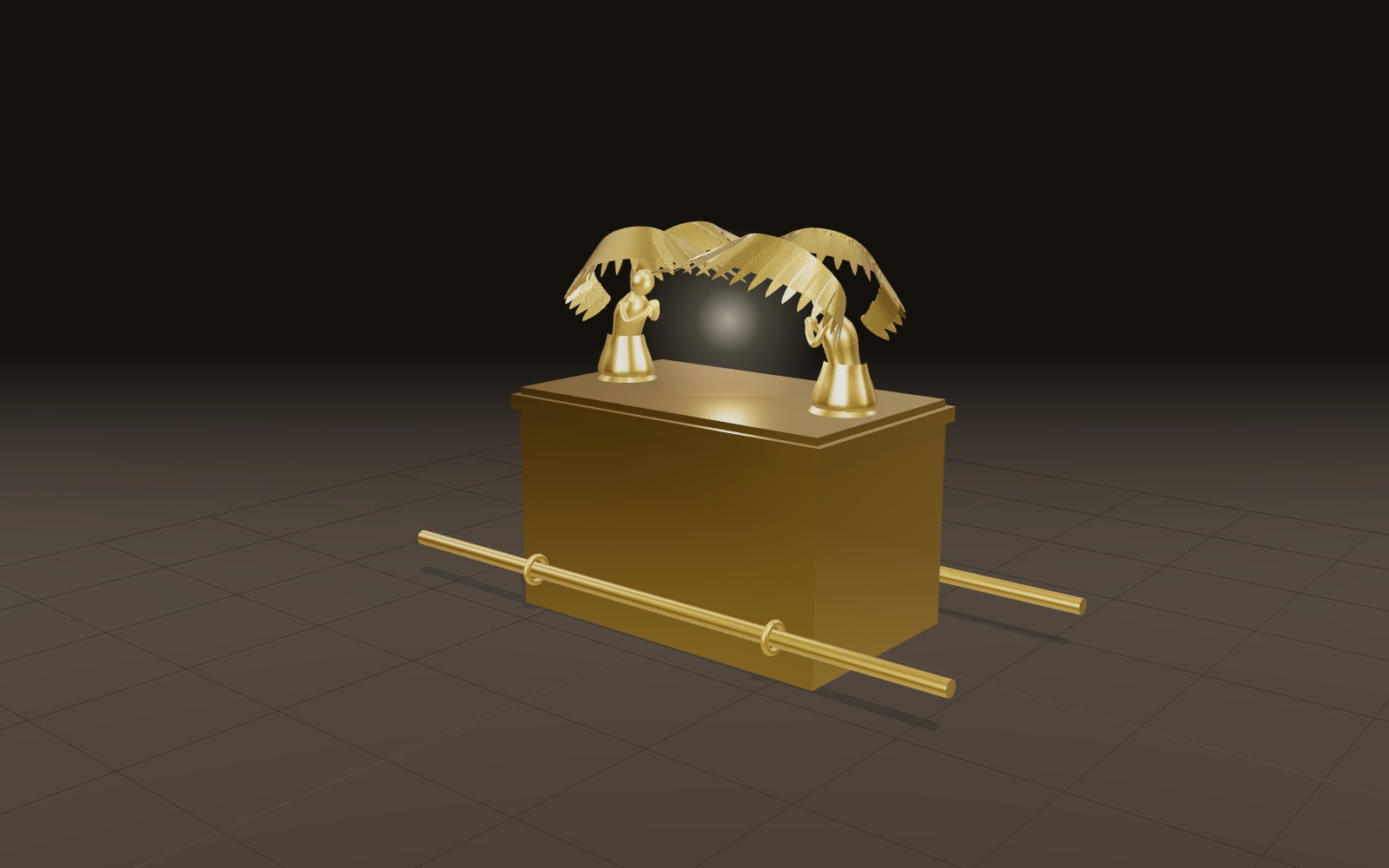 The Ark of the Covenant: a gold chest with two kneeling gold cherubim on its lid, staves through its rings